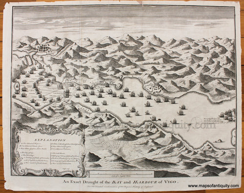 Antique-Black-and-White-Map-An-Exact-Draught-of-the-Bay-and-Harbour-of-Vigo.-1745-Basire-Tindal-Rapin-1700s-18th-century-Maps-of-Antiquity