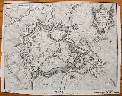 Antique-Black-and-White-Map-Menin-A-very-Strong-Town-in-the-Earldom-of-Flanders-Taken-by-ye-Allies-in-the-Year-1706-and-retaken-by-ye-French-in-1744.-1745-Basire-Tindal-Rapin-1700s-18th-century-Maps-of-Antiquity