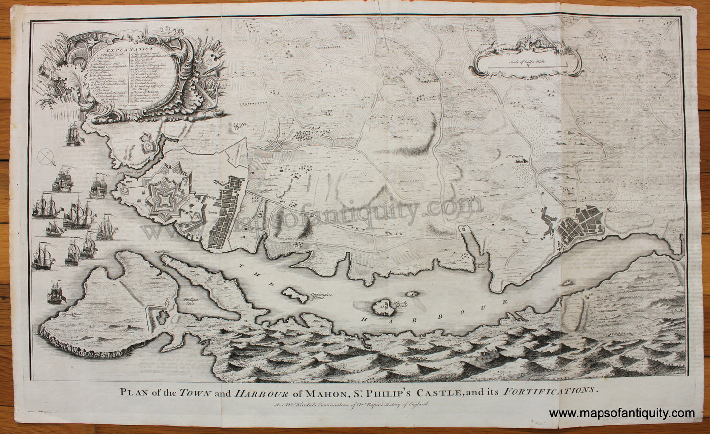 Antique-Black-and-White-Map-Plan-of-the-Town-and-Harbour-of-Mahon-St.-Philip's-Castle-and-its-Fortifications.-1745-Basire-Tindal-Rapin-1700s-18th-century-Maps-of-Antiquity