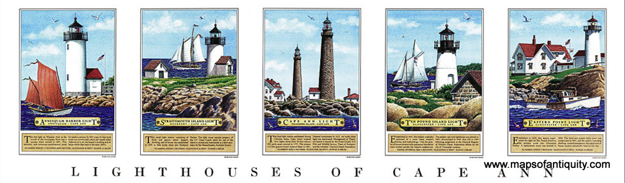 Modern-Print-Lighthouses-of-Cape-Ann-Reproductions--1996-Gaines-Maps-Of-Antiquity-1800s-19th-century