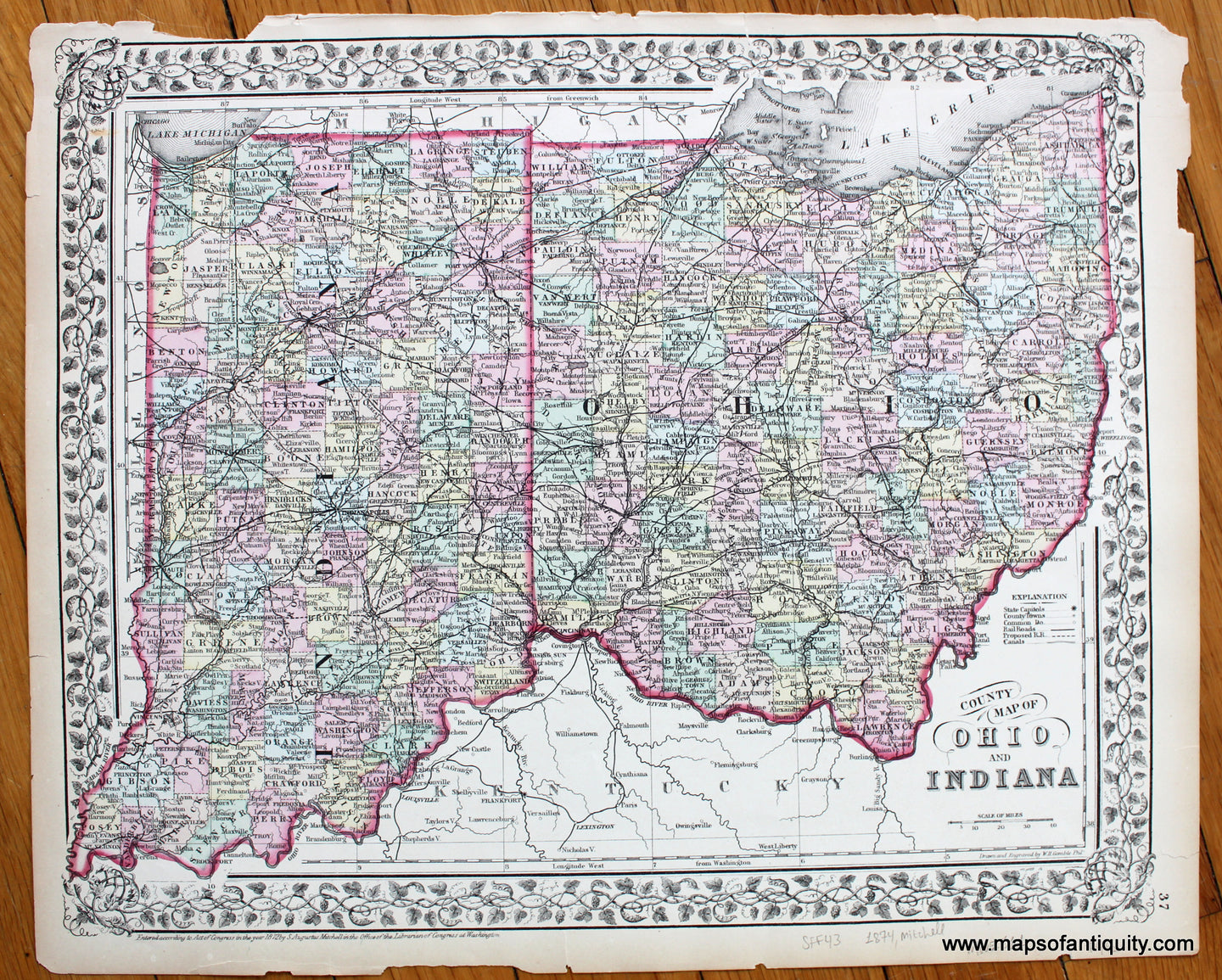 Antique-Hand-Colored-Map-County-Map-of-Ohio-and-Indiana-Ohio-Indiana-1874-Mitchell-Maps-Of-Antiquity
