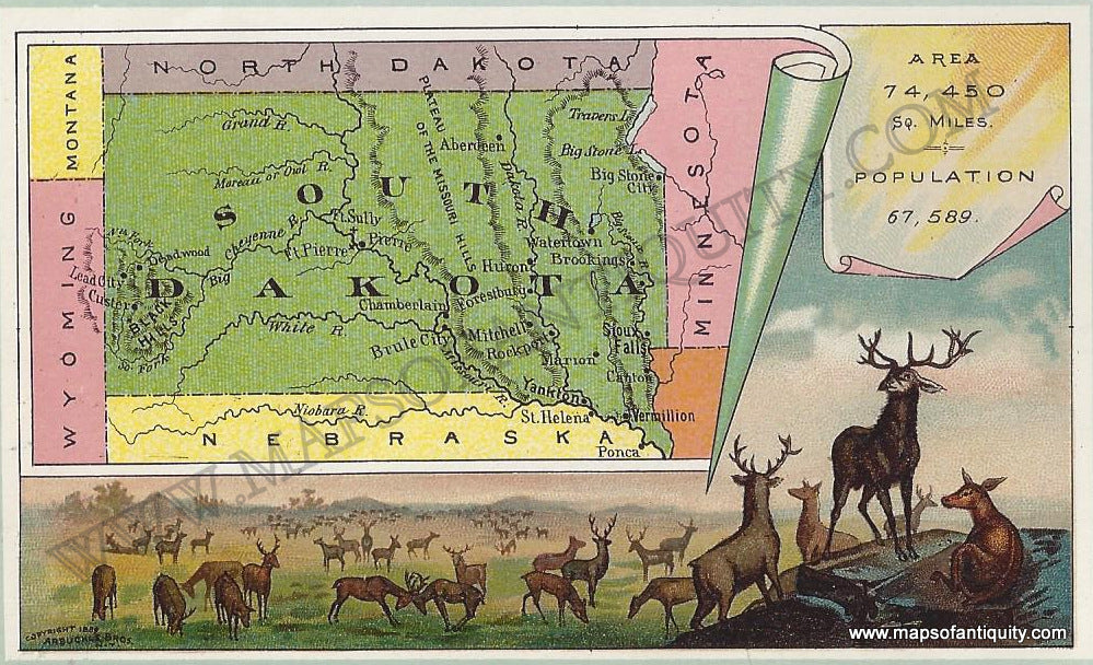 Antique-Map-Chromolithograph-Print-Vignettes-Card-South-Dakota-Arbuckle-1890-1890s-1800s-Late-19th-Century-Maps-of-Antiquity