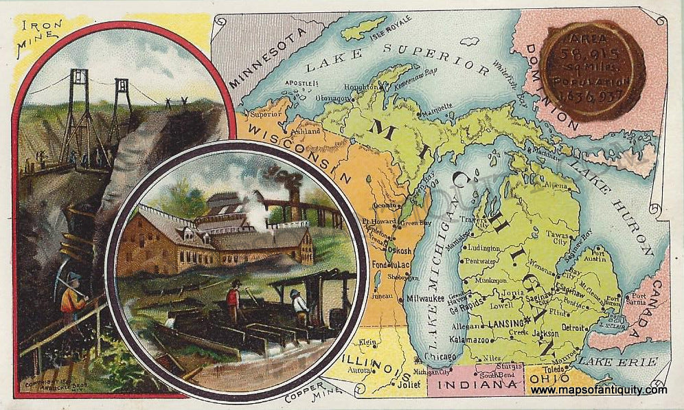 Antique-Map-Arbuckle-Chromolithograph-Print-Michigan-Vignettes-1890-1890s-1800s-Late-19th-Century-Maps-of-Antiquity