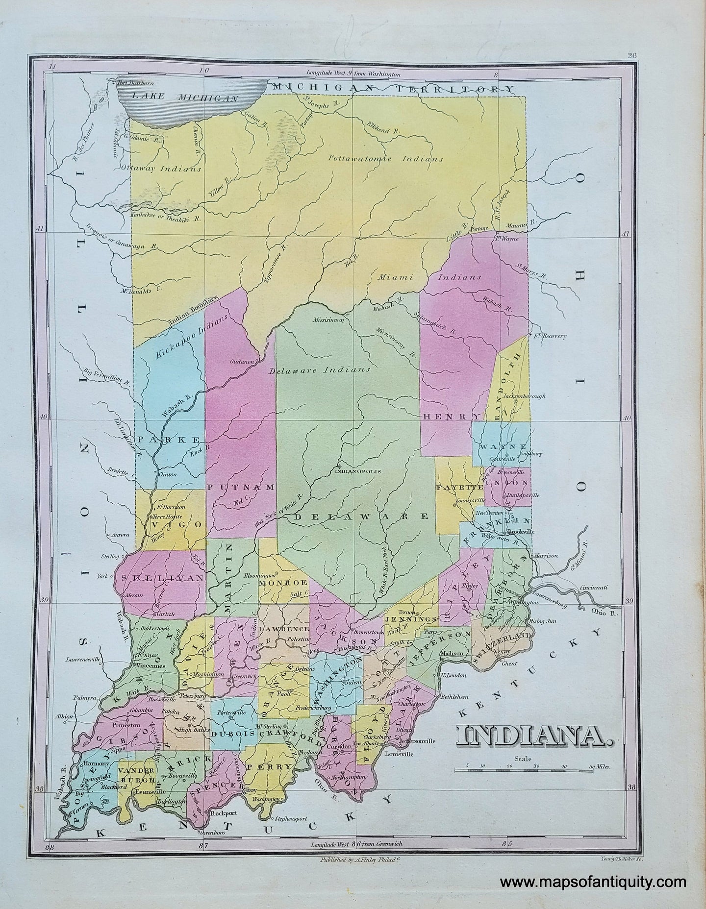 Antique-Hand-Colored-Map-Indiana.-**********-United-States-Midwest-1824-Anthony-Finley-Maps-Of-Antiquity