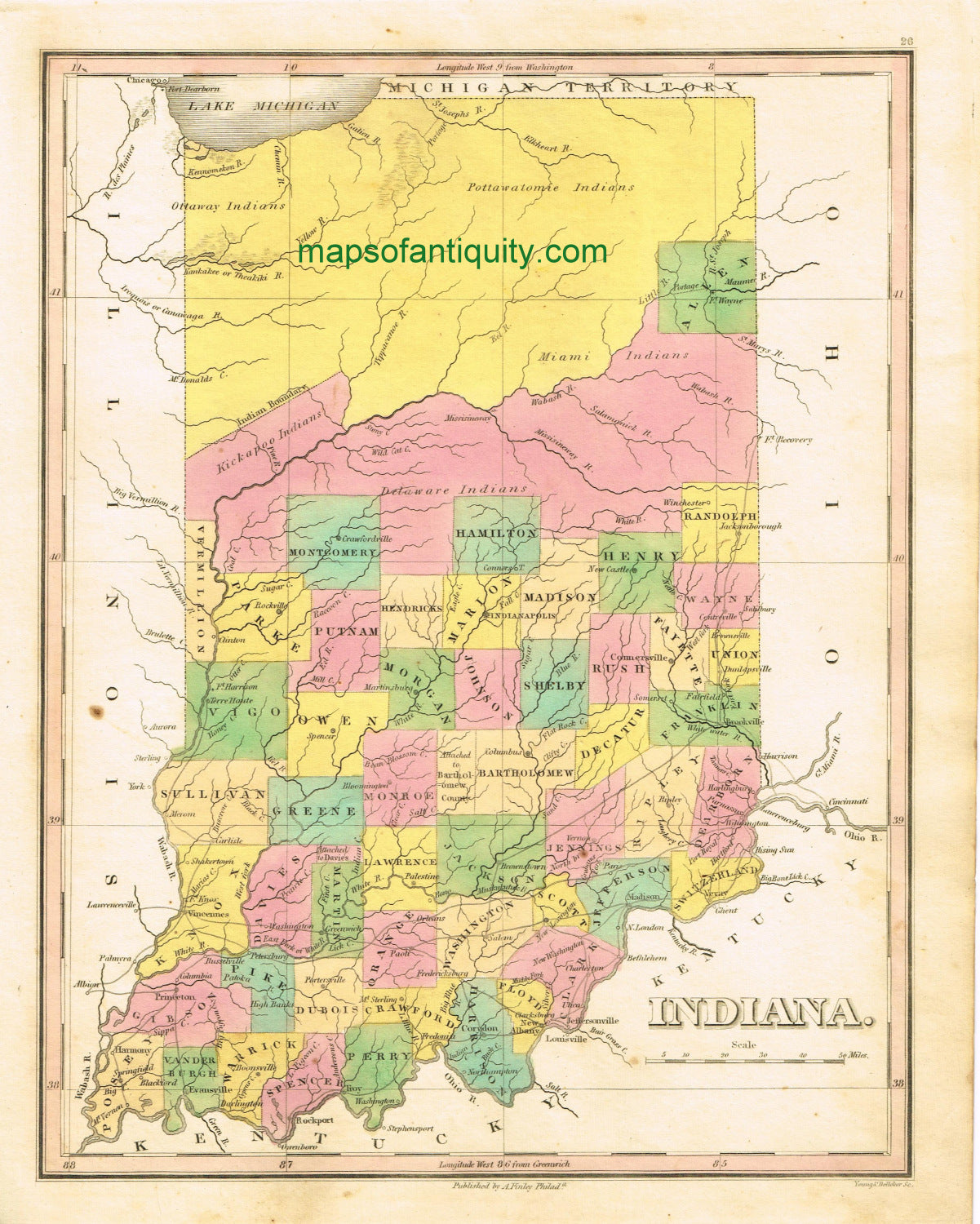 Antique-Hand-Colored-Map-Indiana.-**********-United-States-Midwest-1826-Anthony-Finley-Maps-Of-Antiquity