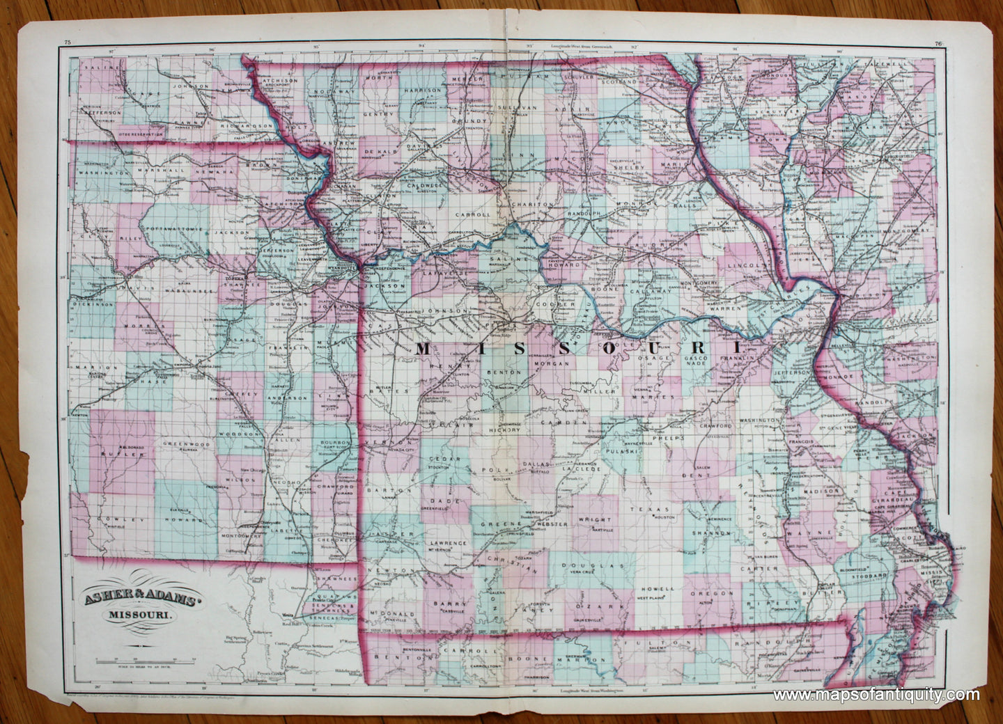 Antique-Map-Missouri-Asher-and-Adams-1872-1870s-1800s-Late-19th-Century-Maps-of-Antiquity