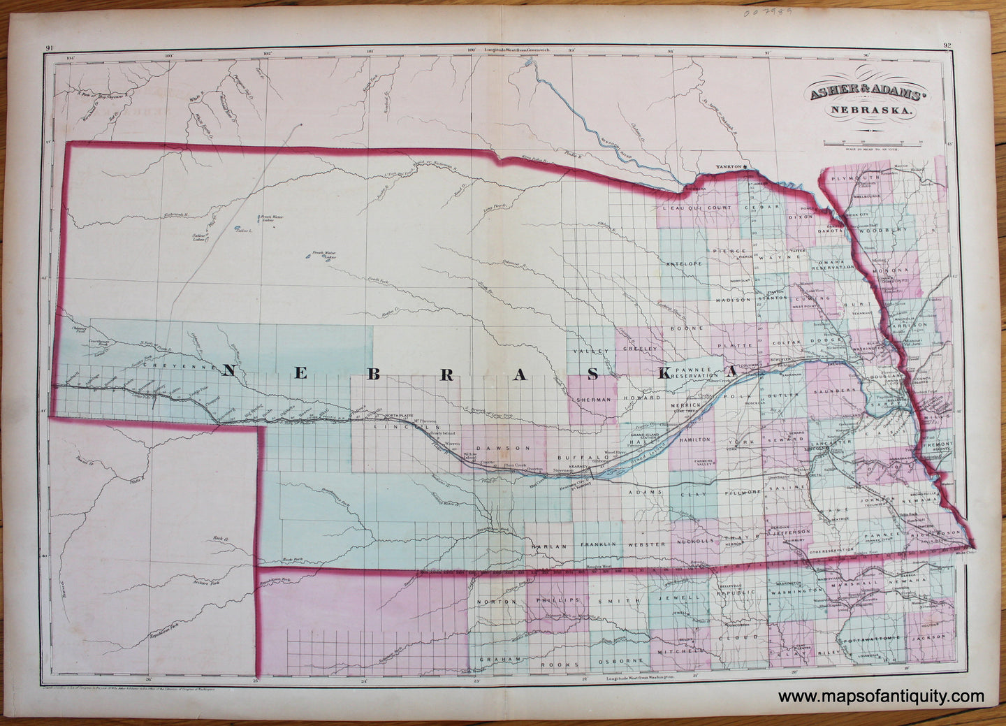 Antique-Map-Nebraska-NE-Asher-Adams-1872-1870s-1800s-19th-century
