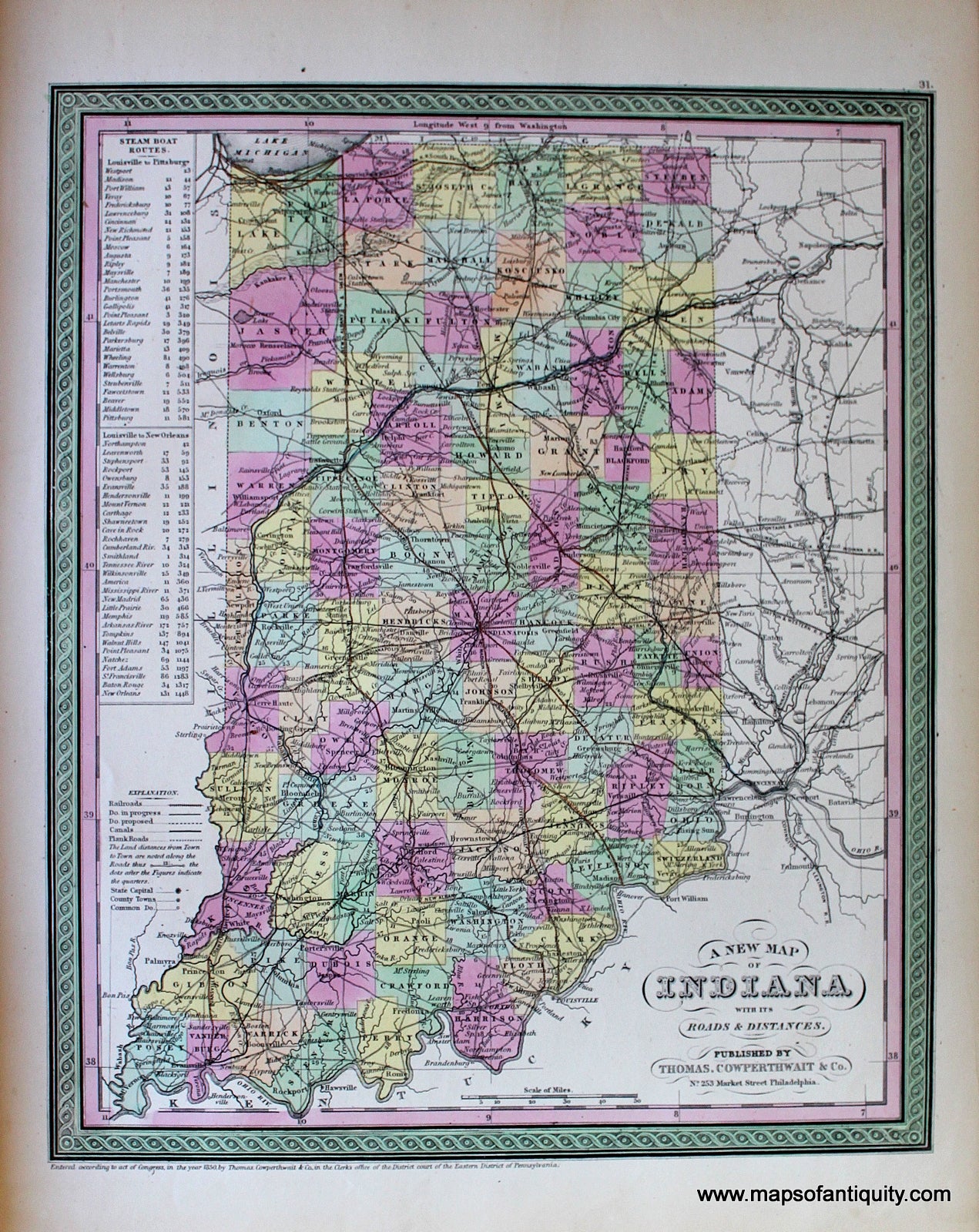 Antique-Hand-Colored-Map-A-New-Map-of-Indiana-with-its-Roads-&-Distances.-United-States-Midwest-1854-Mitchell/Cowperthwait-Desilver-&-Butler-Maps-Of-Antiquity