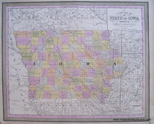 Antique-Hand-Colored-Map-A-New-Map-of-the-State-of-Iowa.-United-States-Midwest-1851-Mitchell/Cowperthwait-Desilver-&-Butler-Maps-Of-Antiquity