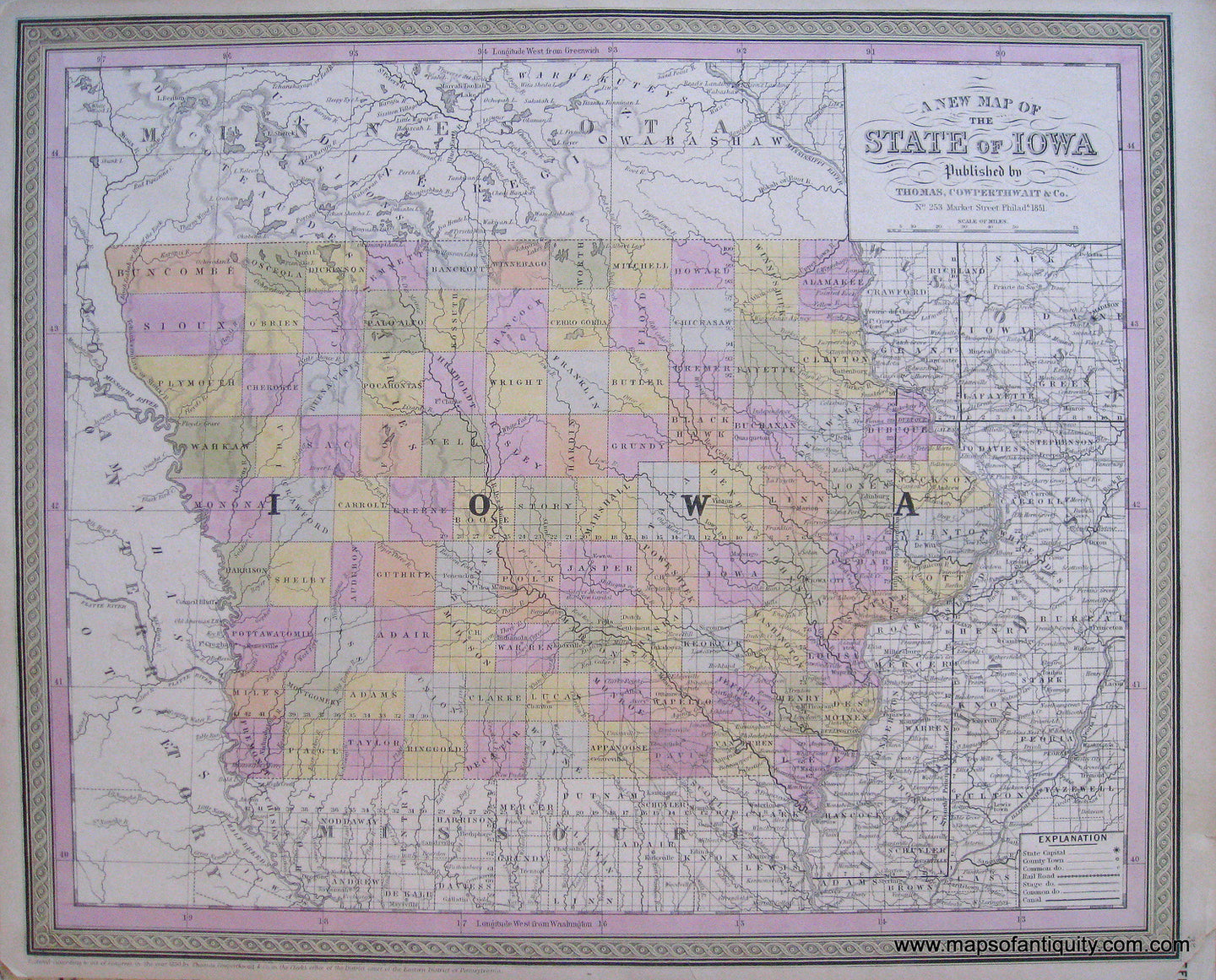 Antique-Hand-Colored-Map-A-New-Map-of-the-State-of-Iowa.-United-States-Midwest-1851-Mitchell/Cowperthwait-Desilver-&-Butler-Maps-Of-Antiquity