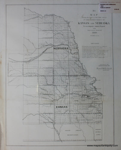 Black-and-White-Antique-Map-(6)-Map-Showing-the-Progress-of-the--Public-Surveys-on-the-Territories-of-Kansas-and-Nebraska-to-accompany-Annual-Report-of-the-Surveyor-General-1860.-Kansas-Nebraska-1860-Surveyor-General-Nebraska-Maps-Of-Antiquity