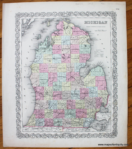 Antique-Hand-Colored-Map-Michigan-Michigan--1855-Colton-Maps-Of-Antiquity