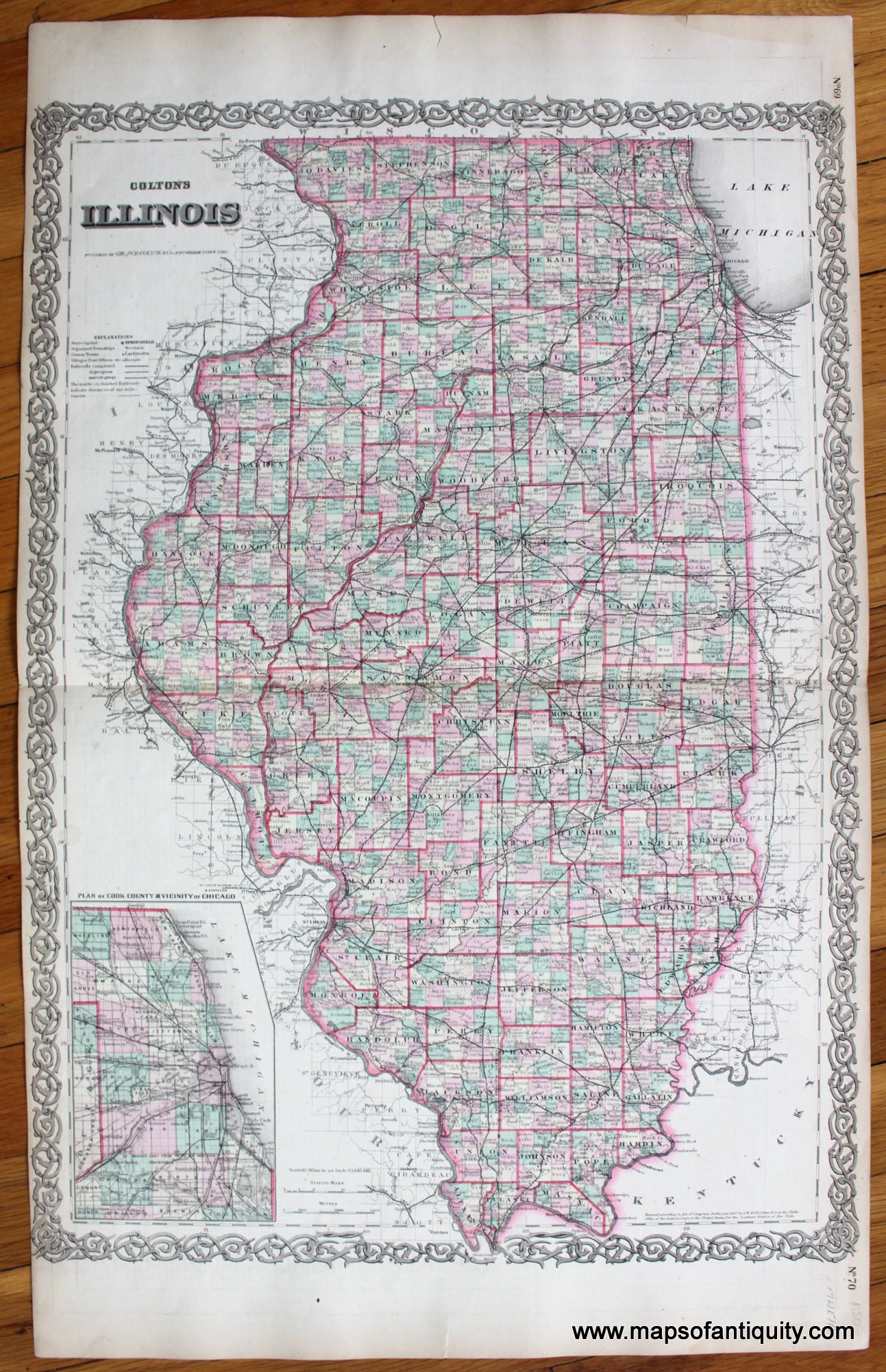 Antique-Hand-Colored-Map-Colton's-Illinois--Illinois--c.-1867-Colton-Maps-Of-Antiquity