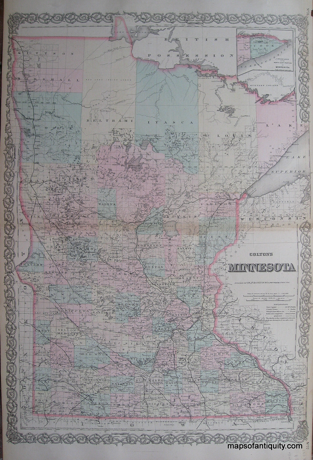 Antique-Hand-Colored-Map-Colton's-Minnesota-Minnesota--1867-Colton-Maps-Of-Antiquity