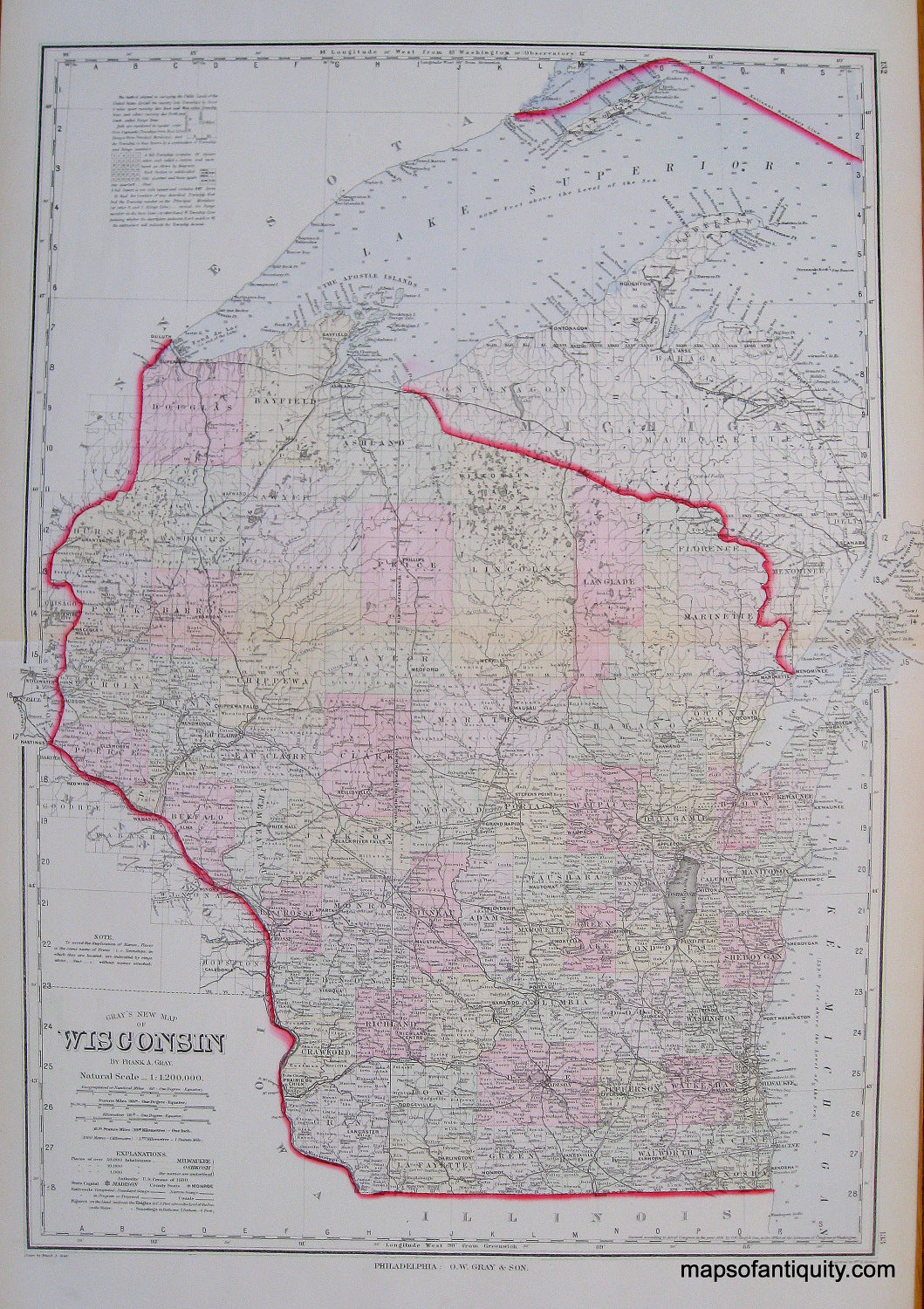 Antique-Hand-Colored-Map-Wisconsin-Chicago-Iowa-Midwest--1881-Gray-Maps-Of-Antiquity