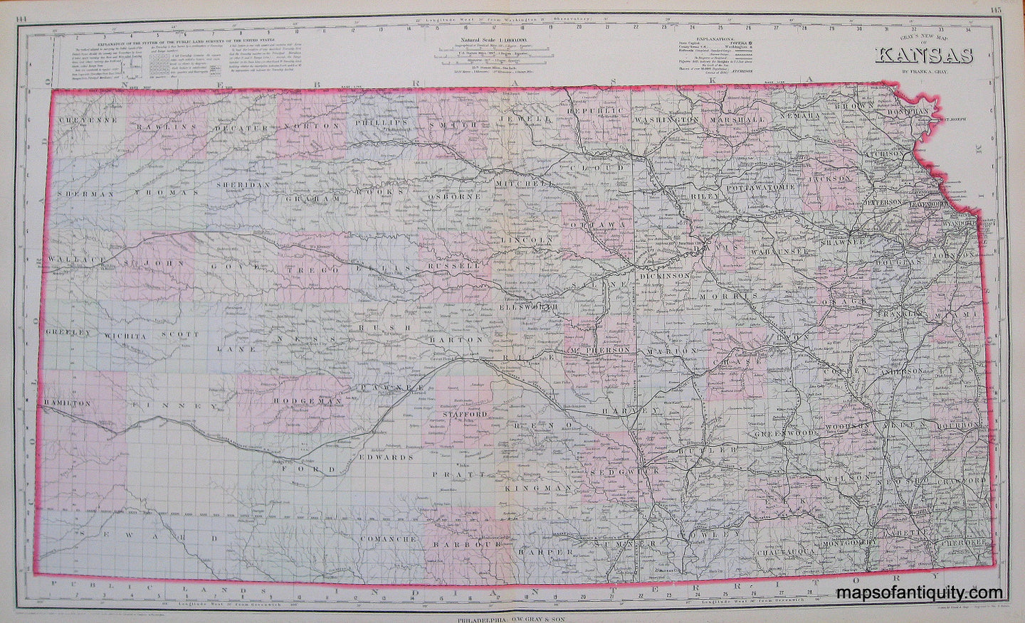 Antique-Hand-Colored-Map-Gray's-New-Map-of-Kansas-**********-Midwest--1884-Gray-Maps-Of-Antiquity