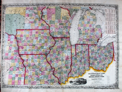 Antique-Hand-Colored-Map-Guide-through-Ohio-Michigan-Indiana-Illinois-Missouri-Wisconsin-Iowa-Minnesota-Nebraska-and-Kansas.-Showing-the-Township-lines-of-the-United-States-Surveys-Location-of-Cities-Towns-Villages-Post-Hamlets-Canals-Rail-and-Stage-Roads.-Midwest-General--1856-Smith-Maps-Of-Antiquity