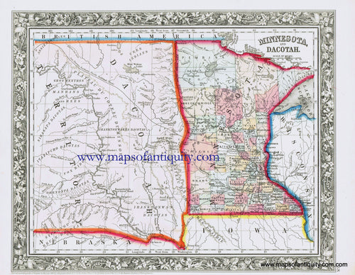 Antique-Hand-Colored-Map-Minnesota-and-Dakota-United-States-Midwest-1860-Mitchell-Maps-Of-Antiquity