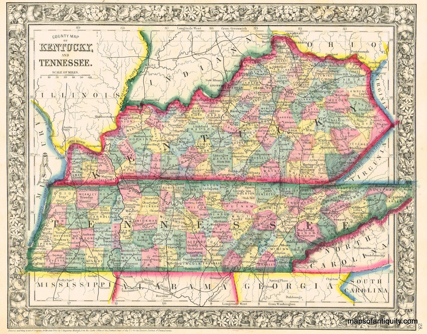 Antique-Hand-Colored-Map-County-Map-of-Kentucky-and-Tennessee.**********-United-States-Midwest-1860-Mitchell-Maps-Of-Antiquity