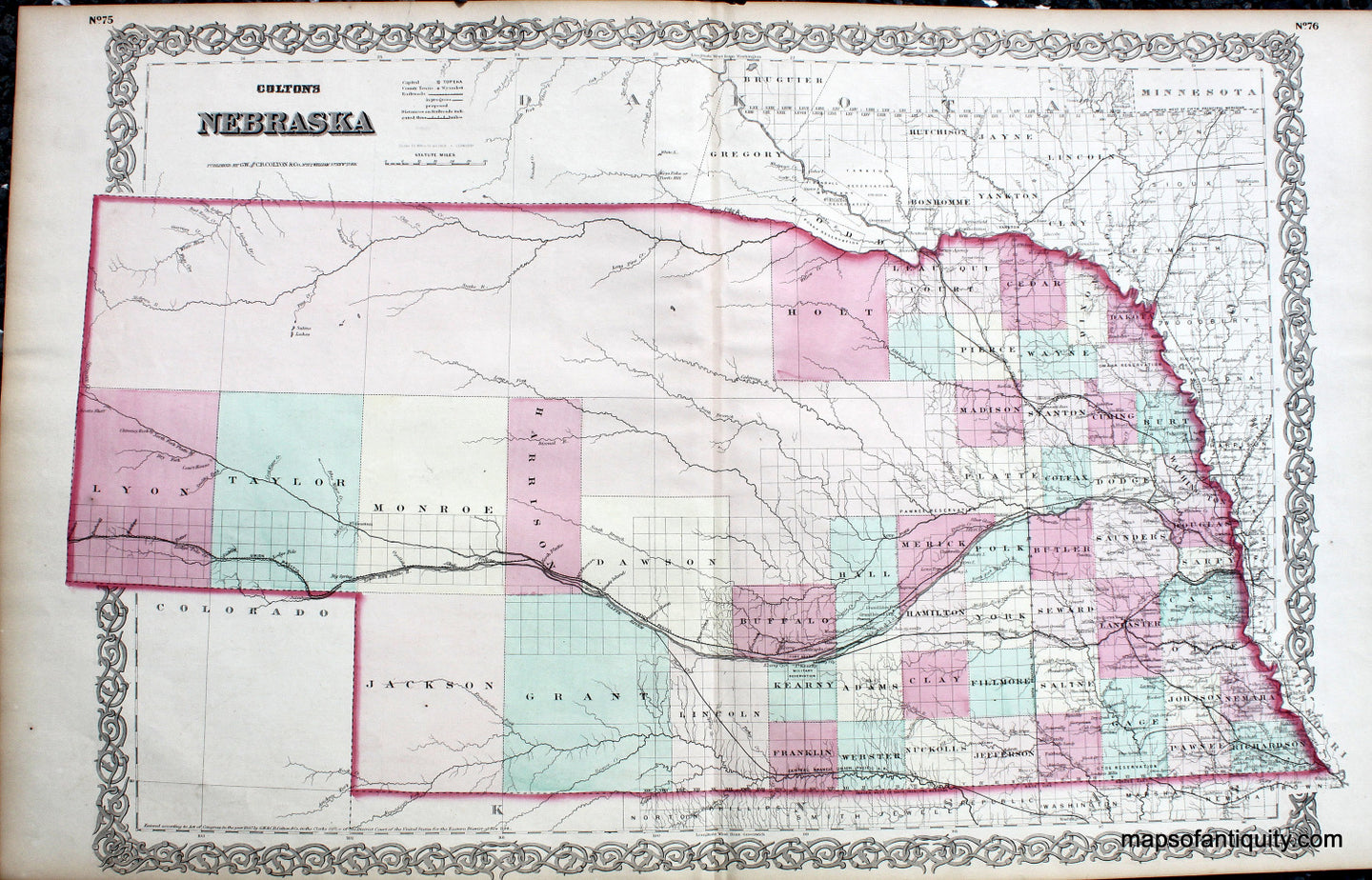 Antique-Hand-Colored-Map-Colton's-Nebraska-**********-United-States-Midwest-1867-Colton-Maps-Of-Antiquity