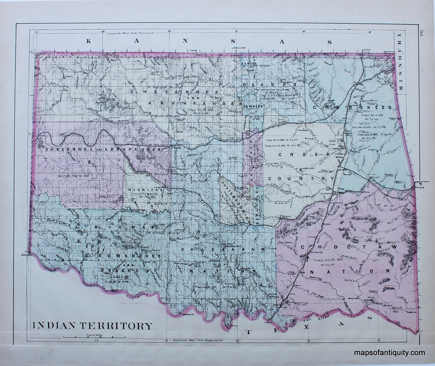 Antique-Hand-Colored-Map-Indian-Territory-Oklahoma-**********-United-States-Oklahoma-1885-Mitchell-Maps-Of-Antiquity