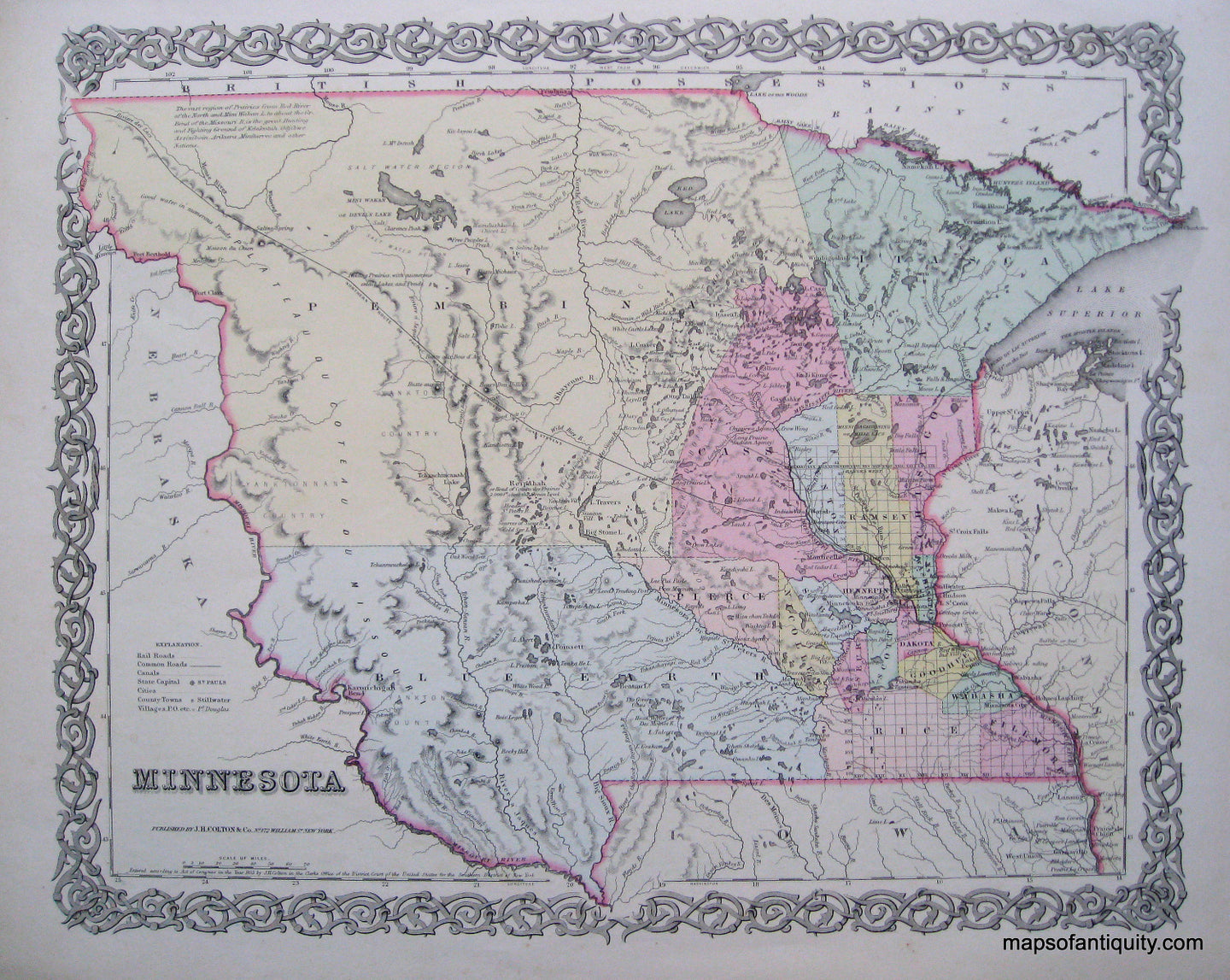 Antique-Hand-Colored-Map-Minnesota-**********-Minnesota-Midwest-1855-Colton-Maps-Of-Antiquity