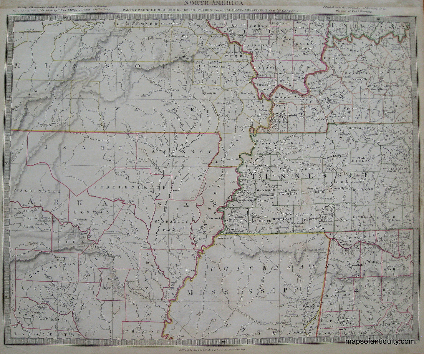 Antique-Hand-Colored-Map-Parts-of-Missouri-Illinois-Kentucky-Tennessee-Alabama-Mississippi-and-Arkansas-United-States-Midwest-1833-SDUK/-Society-for-the-Diffusion-of-Useful-Knowledge-Maps-Of-Antiquity