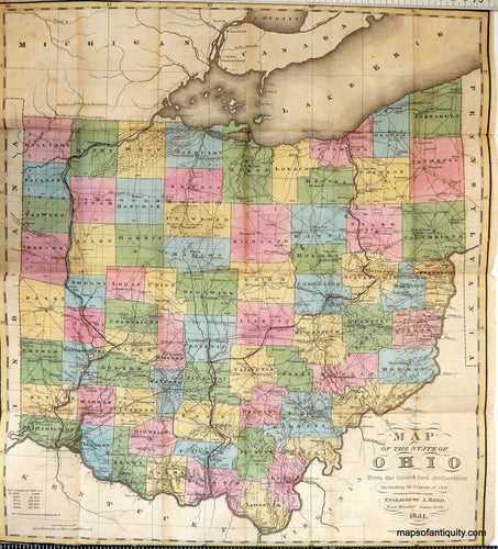 Antique-Hand-Colored-Map-Map-of-the-State-of-Ohio-******-United-States-Midwest-1831-Reed-Maps-Of-Antiquity
