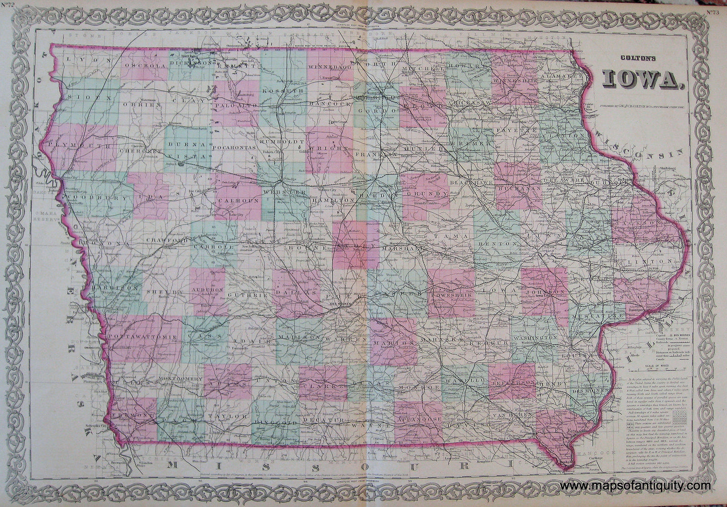 Antique-Hand-Colored-Map-Coltons-Iowa-1871-Colton-Maps-Of-Antiquity