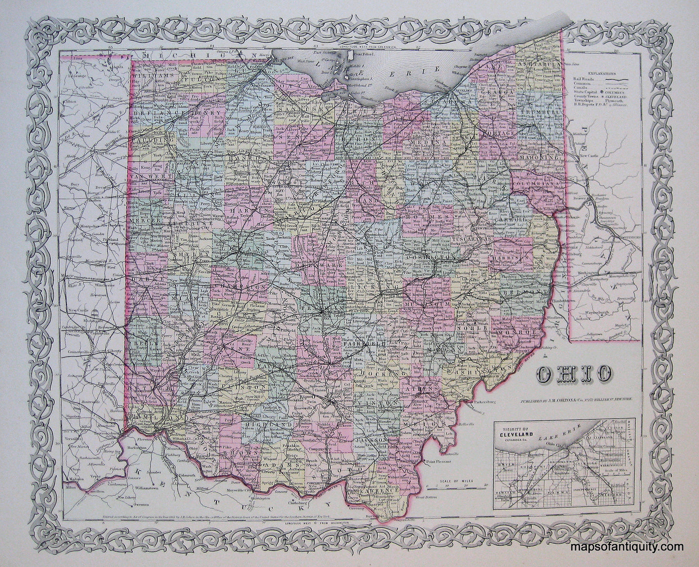 Antique-Hand-Colored-Map-Colton's-Ohio-**********-United-States-Ohio-1855-Colton-Maps-Of-Antiquity