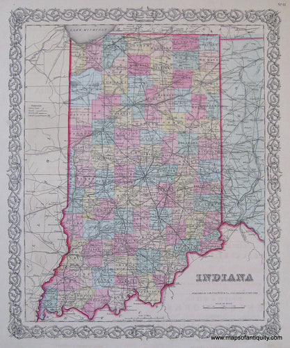 Antique-Hand-Colored-Map-Colton's-Indiana--United-States-Indiana-1855-Colton-Maps-Of-Antiquity