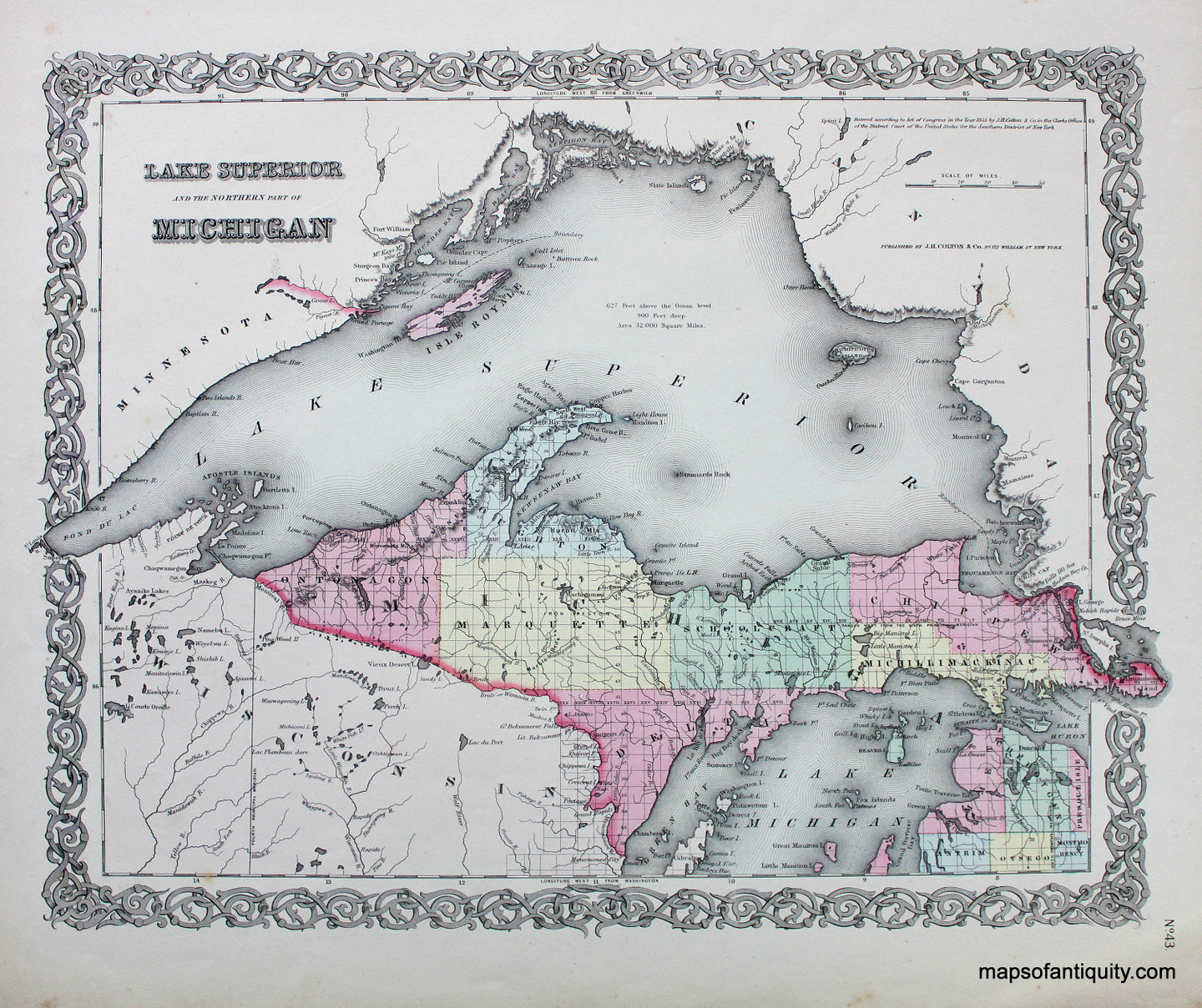 Antique-Hand-Colored-Map-Colton's-Lake-Superior-and-the-Northern-Part-of-Michigan-******-United-States-Michigan-1855-Colton-Maps-Of-Antiquity