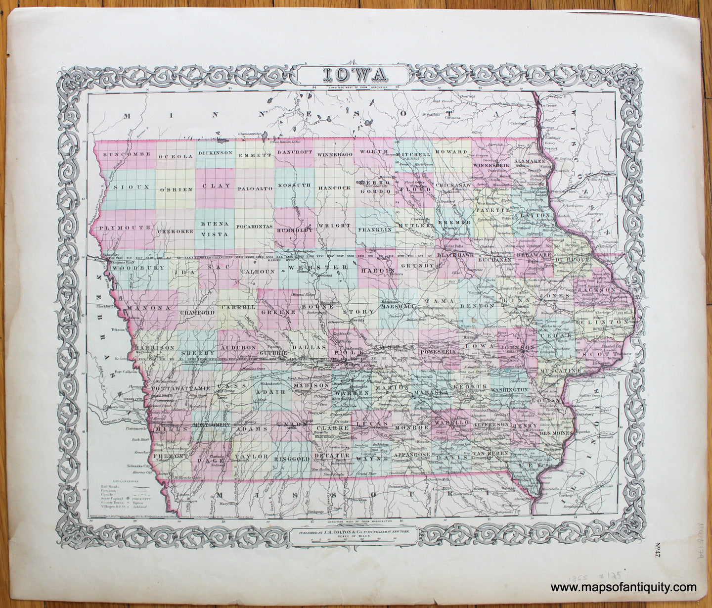 Antique-Hand-Colored-Map-Iowa--United-States-Iowa-1855-Colton-Maps-Of-Antiquity