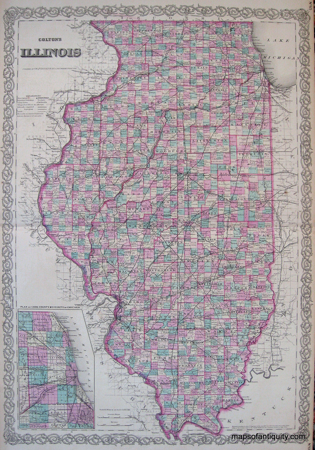 Antique-Hand-Colored-Map-Colton's-Illinois-United-States-Illinois-1871-Colton-Maps-Of-Antiquity