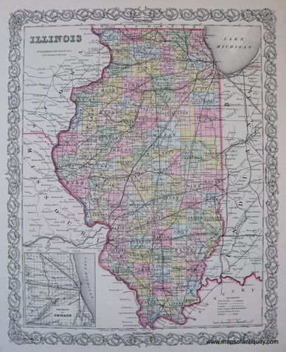 Antique-Hand-Colored-Map-Colton's-Illinois--United-States-Illinois-1855-Colton-Maps-Of-Antiquity