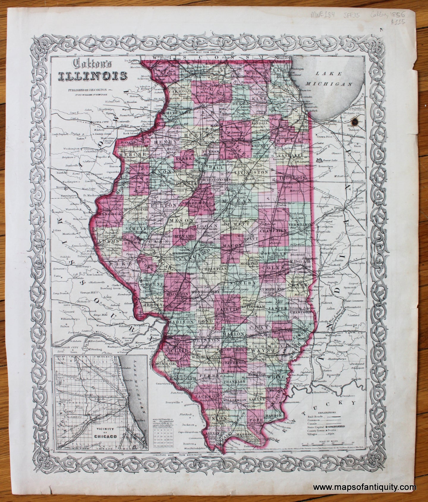 Antique-Hand-Colored-Map-Colton's-Illinois--United-States-Illinois-1856-Colton-Maps-Of-Antiquity