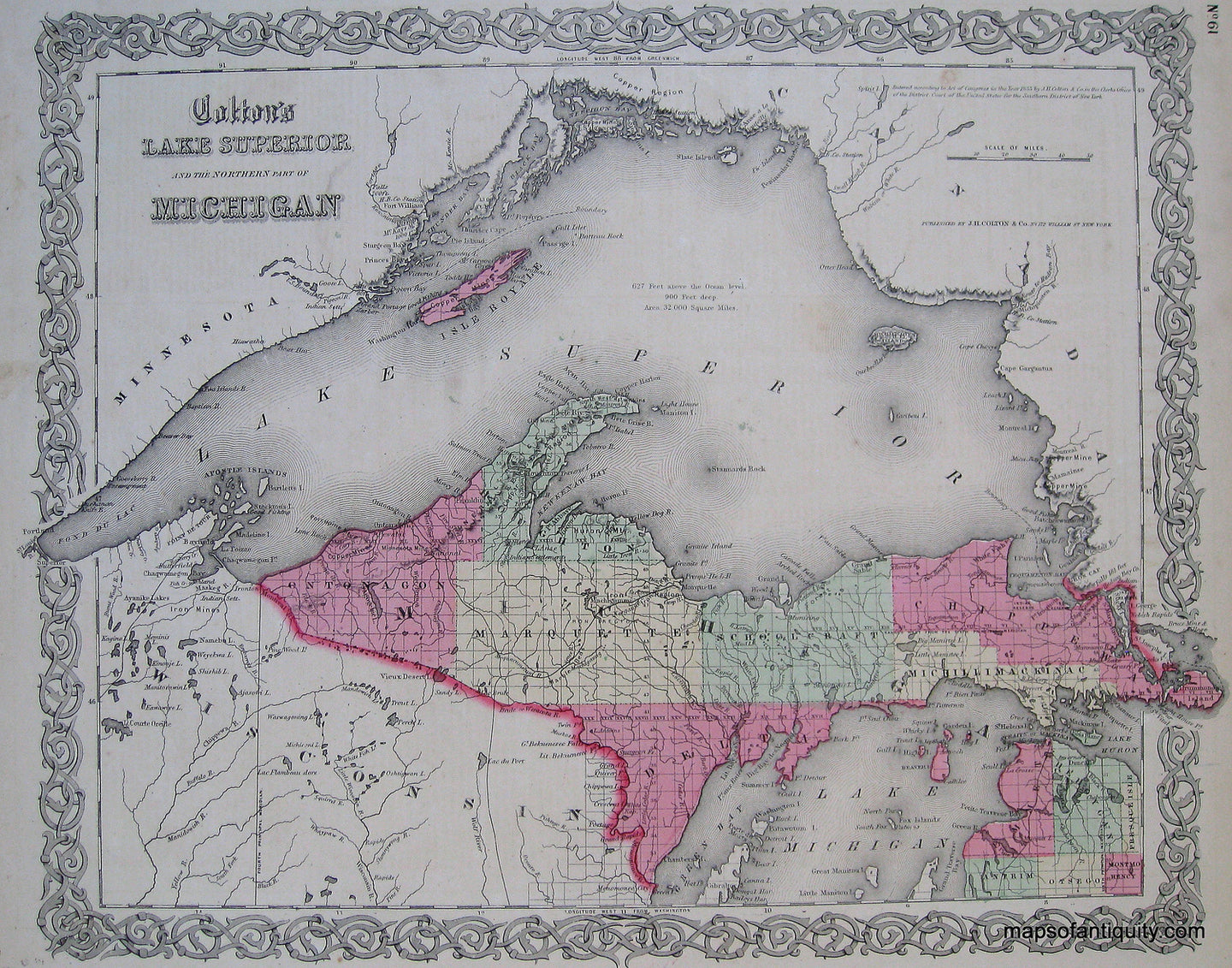 Antique-Hand-Colored-Map-Colton's-Lake-Superior-and-the-Northern-Part-of-Michigan--Colton's-Michigan-******-United-States-Michigan-1865-Colton-Maps-Of-Antiquity