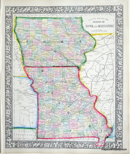 Antique-Hand-Colored-Map-County-Map-of-the-States-of-Iowa-and-Missouri-United-States-Midwest-1862-Mitchell-Maps-Of-Antiquity