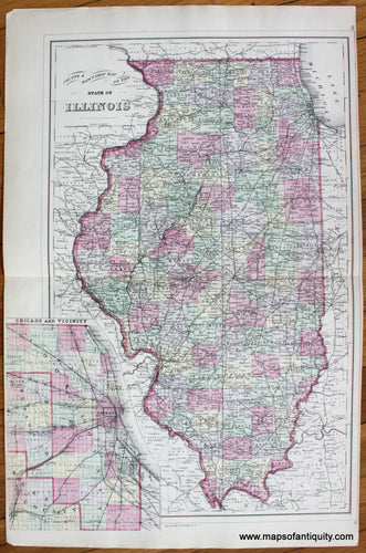 Antique-Hand-Colored-Map-County-and-Township-Map-of-the-State-of-Illinois-verso-Plan-of-Cincinnati-and-Vicinity--United-States-Illinois-1884-Mitchell-Maps-Of-Antiquity
