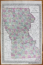 Load image into Gallery viewer, Antique-Hand-Colored-Map-Map-of-the-States-of-Iowa-and-Missouri---Map-of-St.-Louis-on-reverse.--United-States-Midwest-1884-Mitchell-Maps-Of-Antiquity
