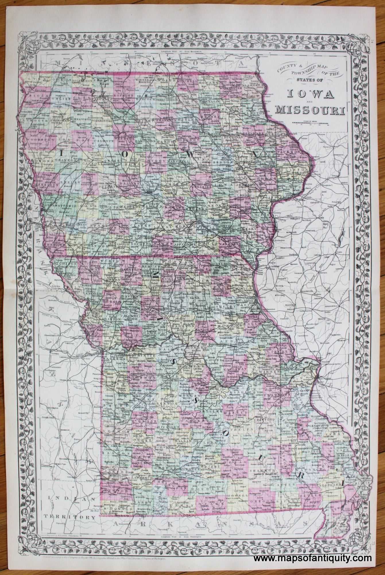Antique-Hand-Colored-Map-Map-of-the-States-of-Iowa-and-Missouri---Map-of-St.-Louis-on-reverse.--United-States-Midwest-1884-Mitchell-Maps-Of-Antiquity