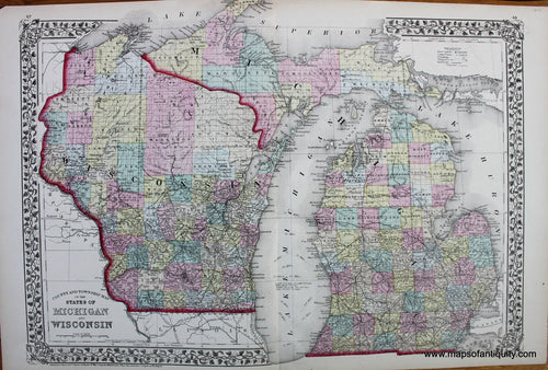 Antique-Hand-Colored-Map-County-and-Township-Map-of-the-States-of-Michigan-and-Wisconsin-Verso-maps:-Detroit-and-Milwaukee-Midwest-Midwest-1874-Mitchell-Maps-Of-Antiquity