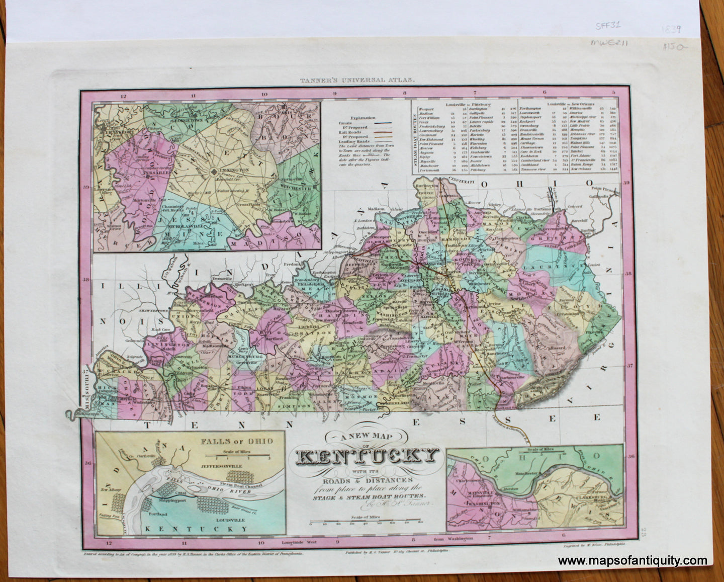 Antique-Hand-Colored-Engraved-Map-A-New-Map-of-Kentucky-with-its-Roads-&-Distances-from-place-to-place-along-the-Stage-&-Steam-Boat-Routes.-United-States-Kentucky-1839-Tanner-Maps-Of-Antiquity