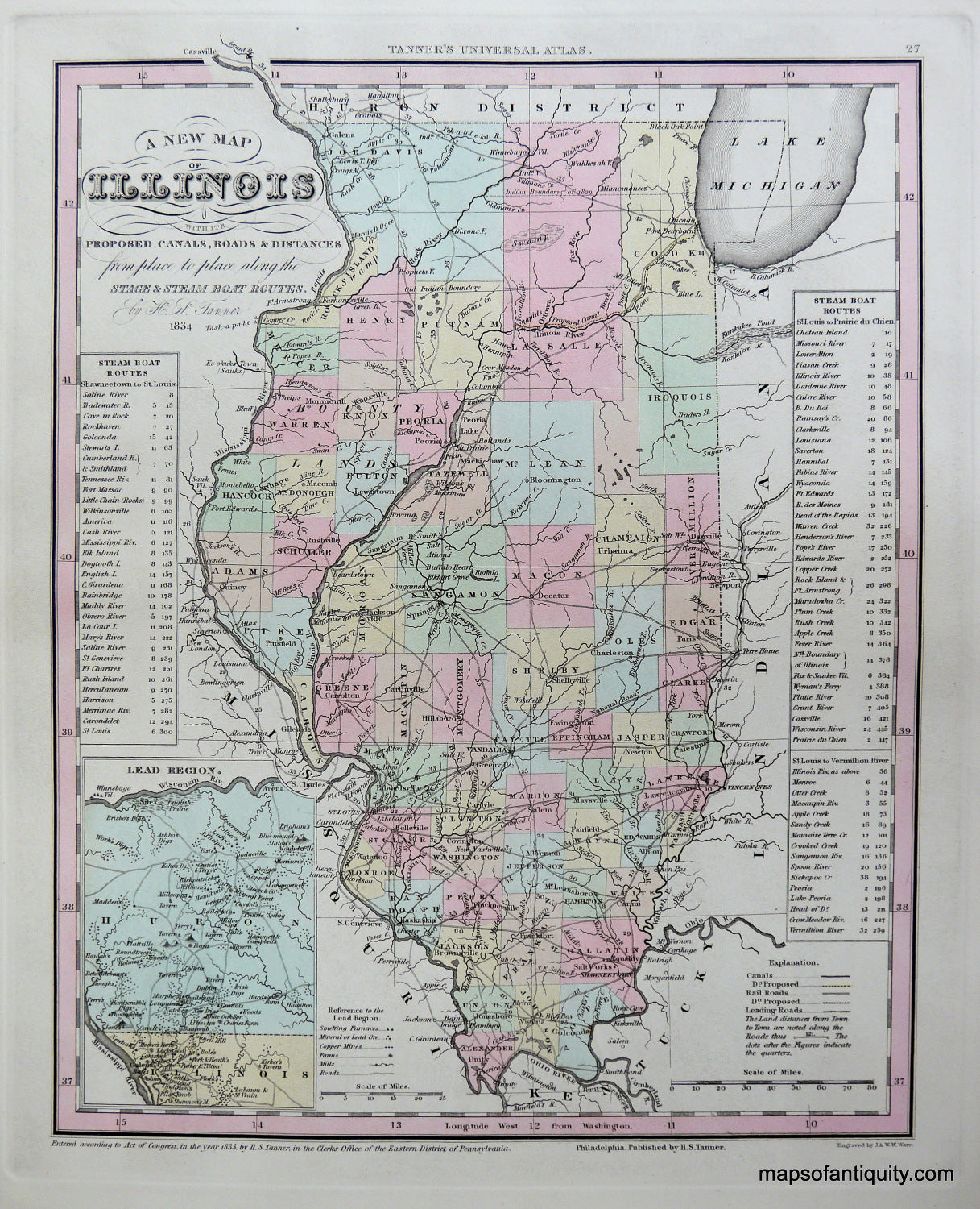 Antique-Hand-Colored-Engraved-Map-A-New-Map-of-Illinois-with-its-Proposed-Canals-Roads-&-Distances-United-States-Illinois-1833-Tanner-Maps-Of-Antiquity