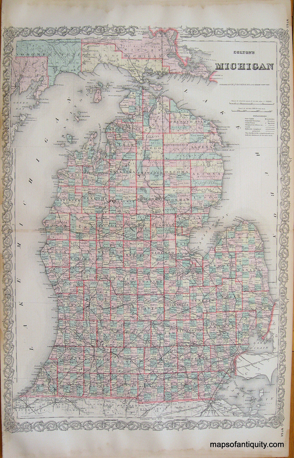 Antique-Hand-Colored-Map-Colton's-Michigan-**********-United-States-Midwest-1887-Colton-Maps-Of-Antiquity