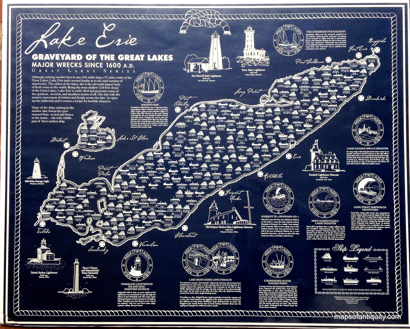 Printed-Color-Map-Lake-Erie-Graveyard-of-the-Great-Lakes-Major-Wrecks-Since-1600-A.D.-******-United-States--1999-Cook-&-Cook-Maps-Of-Antiquity