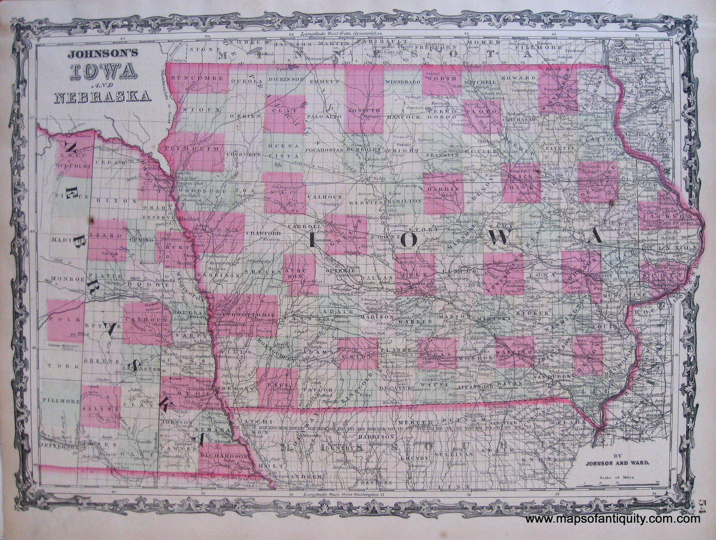 Antique-Hand-Colored-Map-Johnson's-Iowa-and-Nebraska-United-States-Iowa-1864-Johnson-and-Ward-Maps-Of-Antiquity