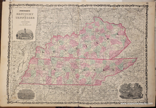 Antique-Hand-Colored-Map-Johnson's-Kentucky-and-Tennessee-United-States--1864-Johnson-and-Ward-Maps-Of-Antiquity