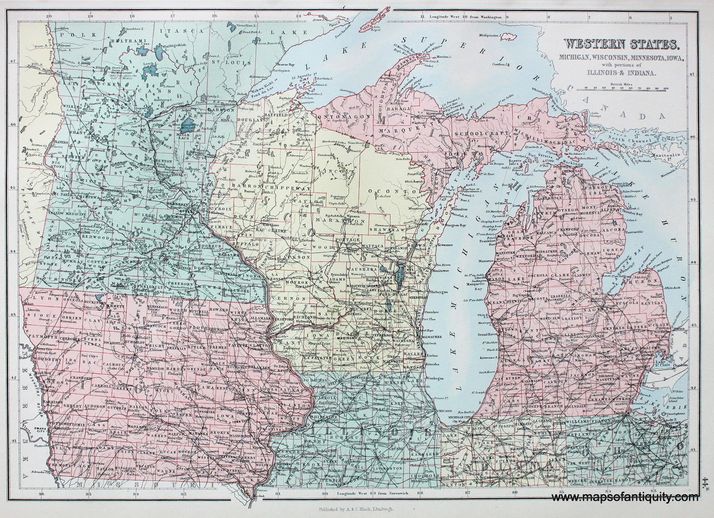 Antique-printed-color-Map-Western-States-Michigan-Wisconsin-Minnesota-Iowa-with-portions-of-Illinois-&-Indiana-**********-United-States-Midwest-1879-Black-Maps-Of-Antiquity