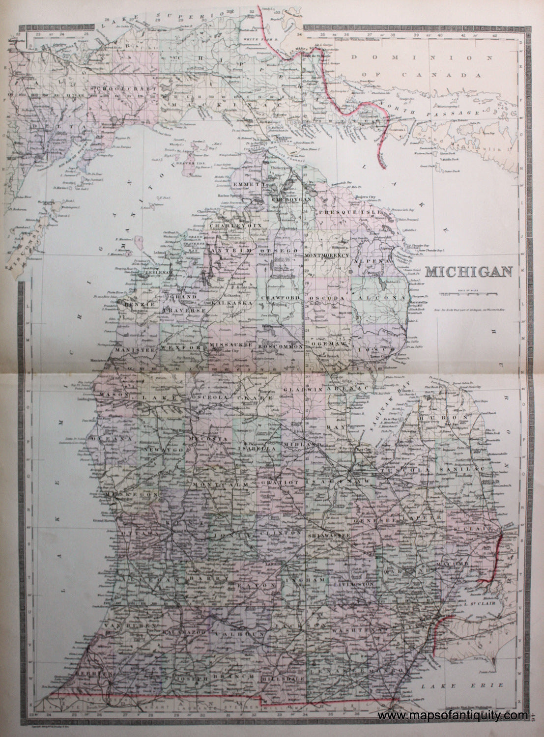 Antique-Hand-Colored-Map-Michigan-******-United-States-Mid-West-1887-Bradley-Maps-Of-Antiquity